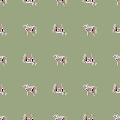 Seamless pattern cow on pastel green background. Texture of farm animals for any purpose.