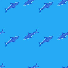 Seamless pattern Tiger shark bright blue background. Blue textured of marine fish for any purpose.