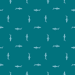 Seamless pattern Blue shark on teal background. Texture of marine fish for any purpose.
