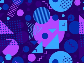 Behang Donkerblauw Geometrisch naadloos patroon in de stijl van memphis uit de jaren 80. Kleurrijke achtergrond met geometrische vormen. Ontwerp voor promotionele producten, inpakpapier, brochures en drukwerk. vector illustratie