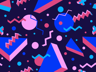 Fototapeta premium Geometric seamless pattern with 3d shapes in 80s memphis style. Multicolored isometric geometric shapes. Design template for promotional items, wrapping paper and banners. Vector illustration