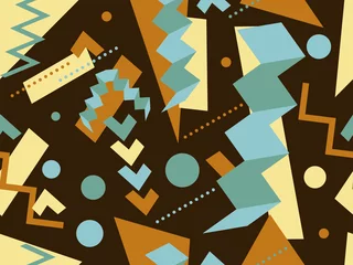 Tapeten Braun Geometrisches nahtloses Muster mit 3D-Formen im Memphis-Stil der 80er Jahre. Mehrfarbige isometrische geometrische Formen. Designvorlage für Werbeartikel, Geschenkpapier und Banner. Vektor-Illustration