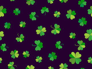 Seamless pattern with clover for Saint Patrick's Day. Green shades of four-leafed and three-leafed clover. Background for advertising products, postcards and printing. Vector illustration