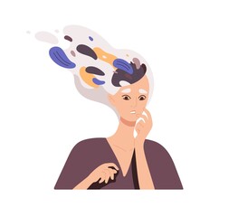 Woman with obsessive, paranoid thoughts in mind. Anxious nervous person in panic thinking about problems. Psychology concept of mental disorder. Flat vector illustration isolated on white background - obrazy, fototapety, plakaty