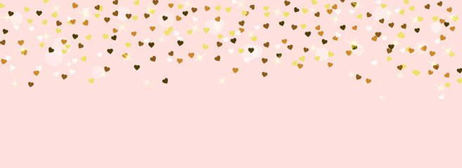 Gold hearts confetti isolated on pink background. Vector illustration. Falling golden hearts with bokeh and sparkles for party decoration, birthday celebrate, banner, anniversary. Festival decor.