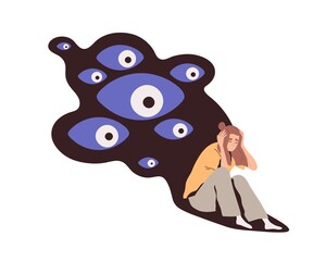 Persecutory delusions of person with mental health problems. Paranoid concept. Obsessive woman in panic, suffer from fears and anxiety. Flat graphic vector illustration isolated on white background - obrazy, fototapety, plakaty