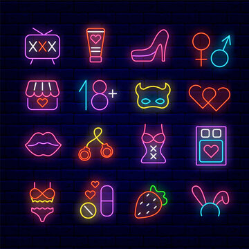 Sex shop neon icons set. Erotic items store. Shiny logotype design collection. Mars and venus signs. Vector illustration