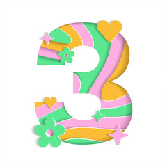 3 Numeric Number Abstract Paper Lively Flower Heart Sparkle Shine Orange Pink Green Mountain Geography Contour Map 3D Layer Line Cutout Card Web Banner