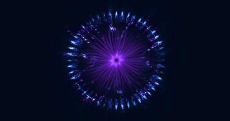 Fototapeta premium Abstract exotic blue and purple flower. Abstract festive background with blurred rays and sparkles. Fantasy light background. Digital fractal art. 3d rendering. 