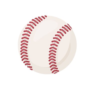 Baseball ball icon. Circle object with red laces, stitches for hardball game playing. Sports equipment, orb with seams. Flat vector illustration isolated on white background