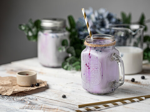 Milk black currant smoothie in a glass jar decorated with flowers on a table. Healthy milkshake beverage.