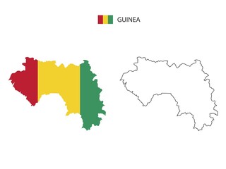 Guinea map city vector divided by outline simplicity style. Have 2 versions, black thin line version and color of country flag version. Both map were on the white background.