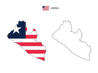 Liberia map city vector divided by outline simplicity style. Have 2 versions, black thin line version and color of country flag version. Both map were on the white background. - obrazy, fototapety, plakaty