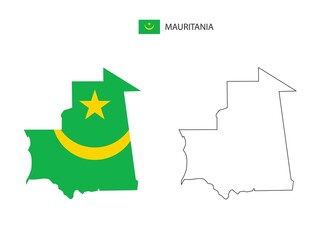 Mauritania map city vector divided by outline simplicity style. Have 2 versions, black thin line version and color of country flag version. Both map were on the white background.