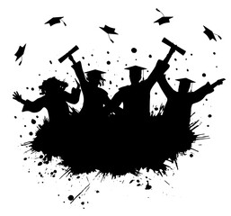 Silhouette of happy graduate students with graduating caps and grunge splash. Vector illustration