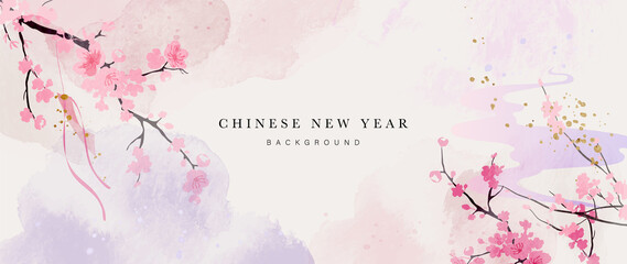 Fototapeta Chinese new year watercolor background vector. Oriental festive art design for place text and product images. Design for sale banner, cover and invitation. obraz