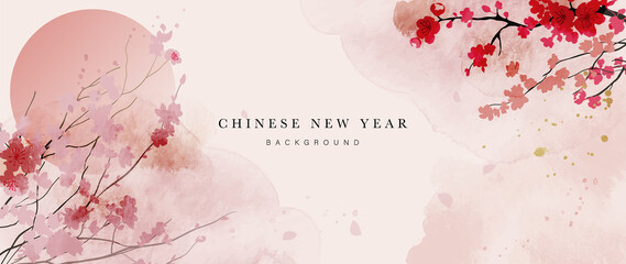 Fototapeta Chinese new year watercolor background vector. Oriental festive art design for place text and product images. Design for sale banner, cover and invitation. obraz