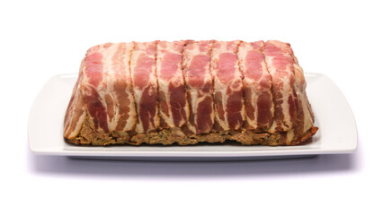 Traditional French terrine covered with bacon isolated on white background