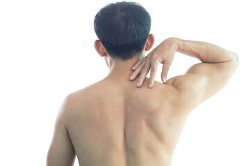 Closeup man hand holding shoulder with pain on white background, health care and medical concept