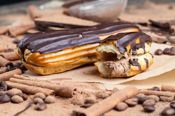 chocolate-covered custard eclair with creamy chocolate cream