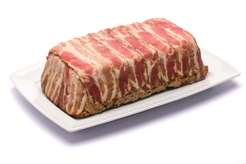 Traditional French terrine covered with bacon isolated on white background