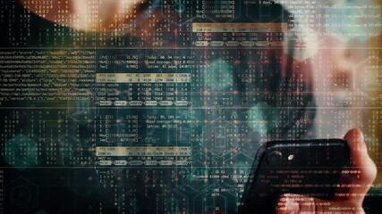 Online trading concept with businessman using smartphone and digital display with code and various business icons overlay - Powered by Adobe