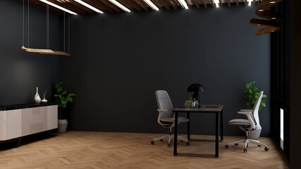modern business office manager room with 3d design interior for company wall logo mockup