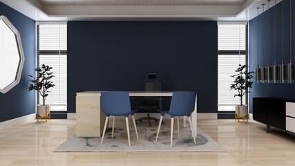 modern business office manager room with 3d design interior for company wall logo mockup