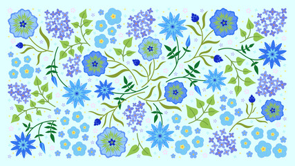 Wild Flowers Design,  Blue Floral Background,  Abstract Botanical Theme, Wedding Wallpaper, Vector Elements