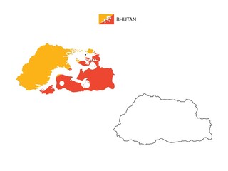 Bhutan map city vector divided by outline simplicity style. Have 2 versions, black thin line version and color of country flag version. Both map were on the white background.