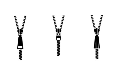 Zippers. Open and closed zippers icons set. Solid vector black icon isolated on white background.