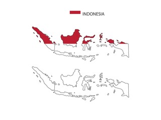 Fototapeta na wymiar Indonesia map city vector divided by outline simplicity style. Have 2 versions, black thin line version and color of country flag version. Both map were on the white background.