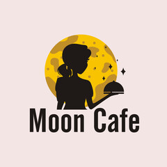 moon cafe logo with maid silhouette vector