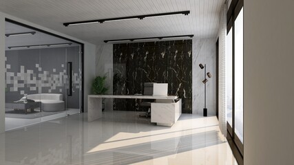 3d office minimalist room with wooden design interior