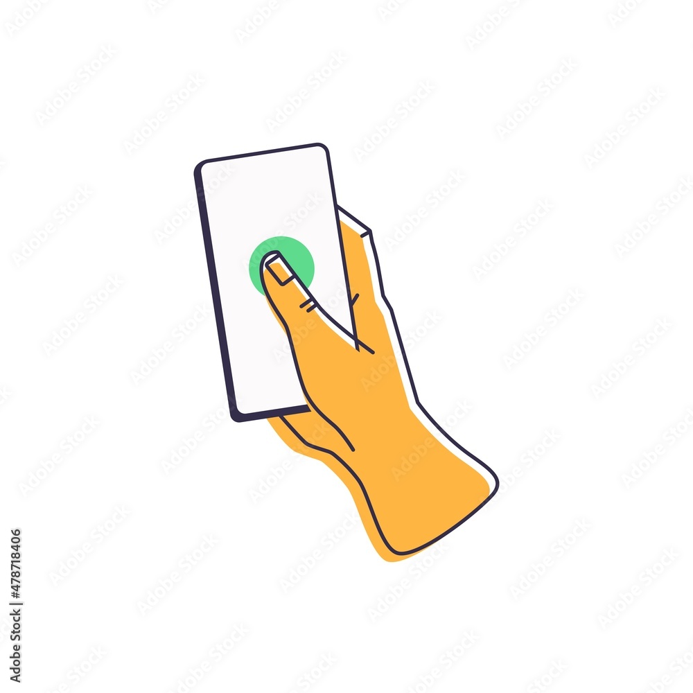 Poster hand pressing button, clicking on phone screen. finger tapping smartphone app, touching display with