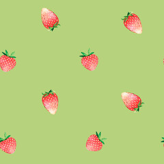 Seamless strawberry pattern. Watercolor illustration. Isolated on a green background. For design.