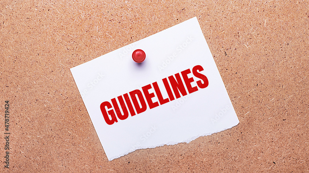 Poster white paper with the text guidelines is attached to the wooden background with a red button.