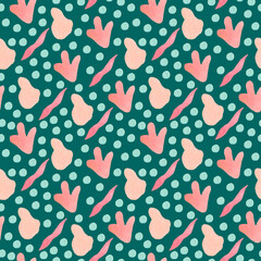 Seamless abstract pattern with pastel shapes on trendy green background. Watercolor, textural, repeating hand painted print. Designs for textile, fabric, wrapping paper, packaging, scrapbook paper.