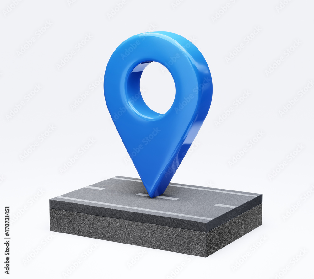 Wall mural Location pin icon of street traffic road 3d layer sign or travel gps navigation point marker and map direction place pointer symbol isolated on white transport route background with delivery address.