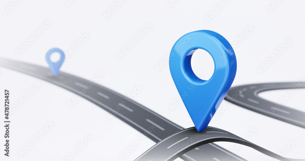 Poster blue location 3d icon of traffic street route map symbol or navigation gps pin point marker and glob