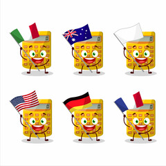 Yellow calculator cartoon character bring the flags of various countries