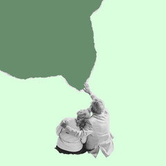 Senior man and woman wearing retro style clothes sit with their backs to camera and looking up isolated on torn paper background. Minimalism