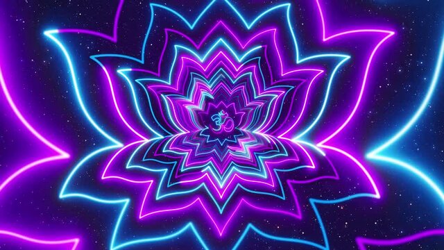 Sweet Blue Purple Lotus Flower Lines Neon Light Tunnel Rotating With And Without Hinduism Omkara Devanagari And Sparkle Stardust Seamless Loop Animation