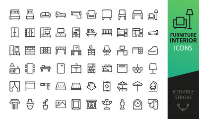 Furniture and Home Decor isolated icons set. Set of bedroom furniture, double bed, chair, dressing table, corner sofa, vintage couch, office desk, drawer, buffet, wardrobe, shoe rack vector icon