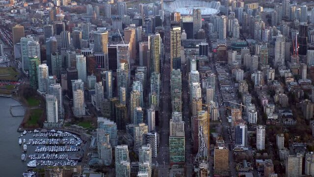 Vancouver City Center, Aerial Downtown Cityscape from the Airplane.