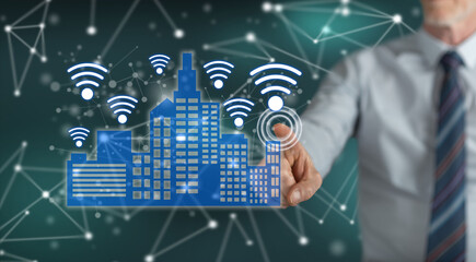 Man touching a connected city concept