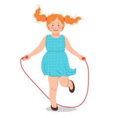 Illustration of child. Little girl with red hair is laughing and jumping rope. isolated illustration on white background