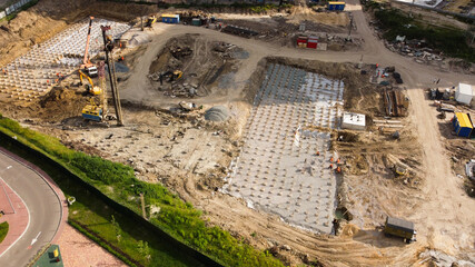 aerial panoramic view of city construction site.