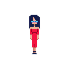Girl in red dress character. Pixel art flat style. Stylish hairstyle. 8-bit. Isolated vector illustration. Game assets.