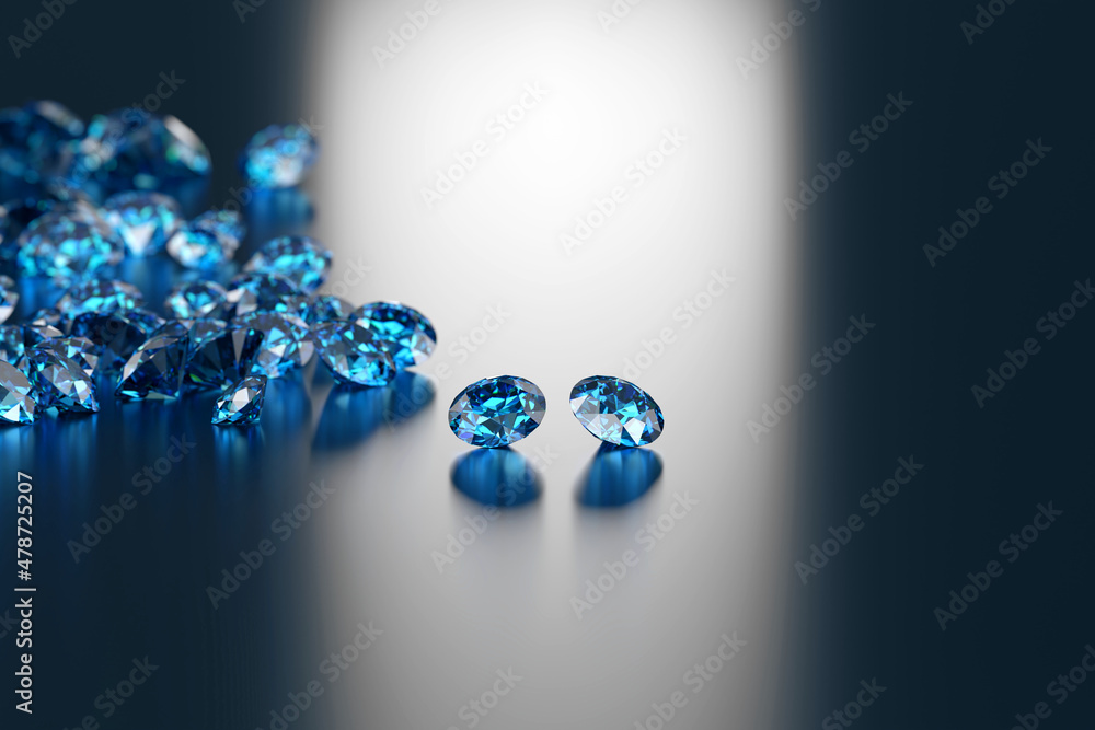 Poster group of blue diamond sapphire placed on glossy background main object focus 3d rendering